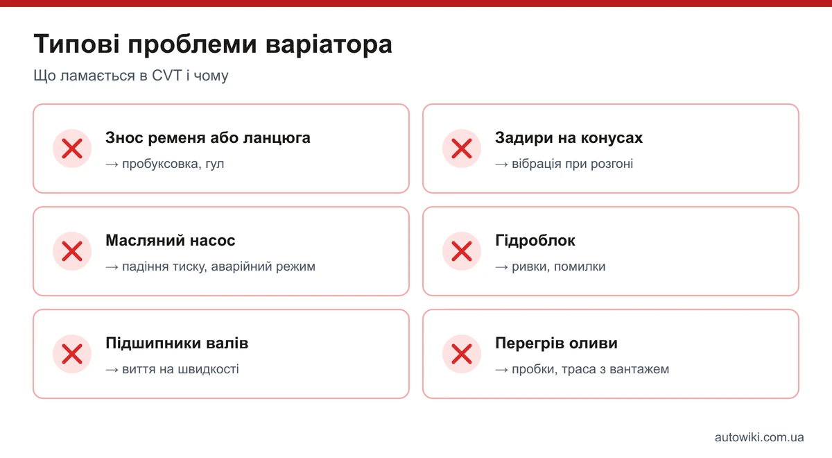 Інфографіка: типові проблеми варіатора — знос ременя, задири на конусах, масляний насос, гідроблок, підшипники, перегрів оливи
