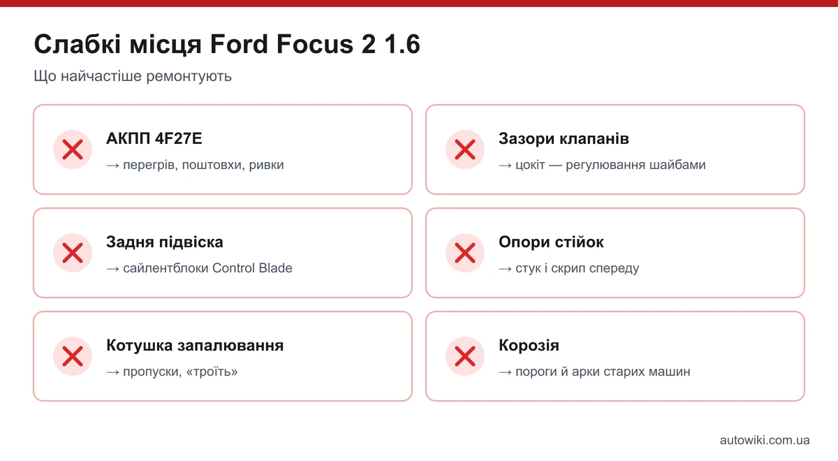 Інфографіка: слабкі місця Ford Focus 2 1.6 — АКПП 4F27E, клапани, задня підвіска, опори стійок, котушка запалювання, корозія