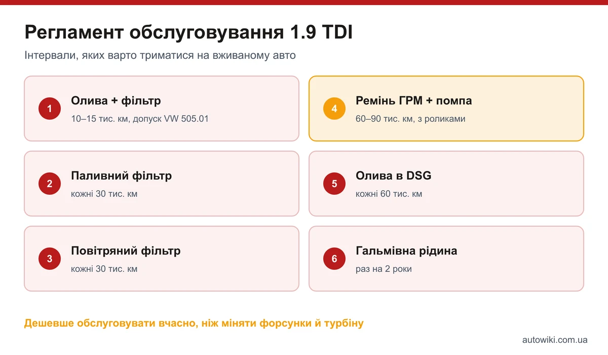 Регламент обслуговування двигуна 1.9 TDI: олива, фільтри, ремінь ГРМ, олива в DSG, гальмівна рідина