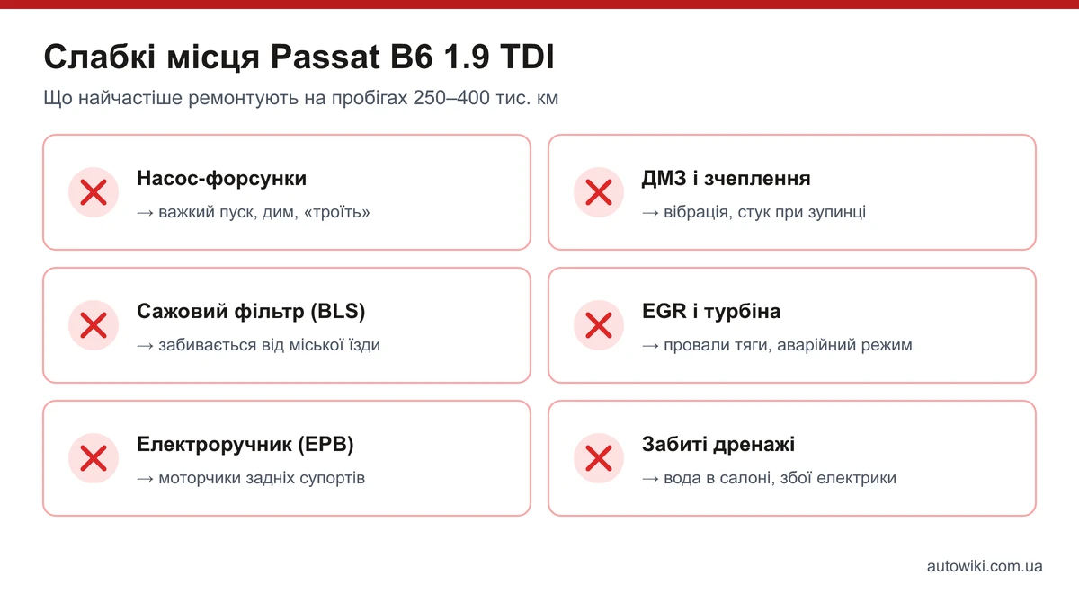 Інфографіка: шість слабких місць Passat B6 1.9 TDI — форсунки, ДМЗ, сажовий фільтр, EGR, електроручник, дренажі