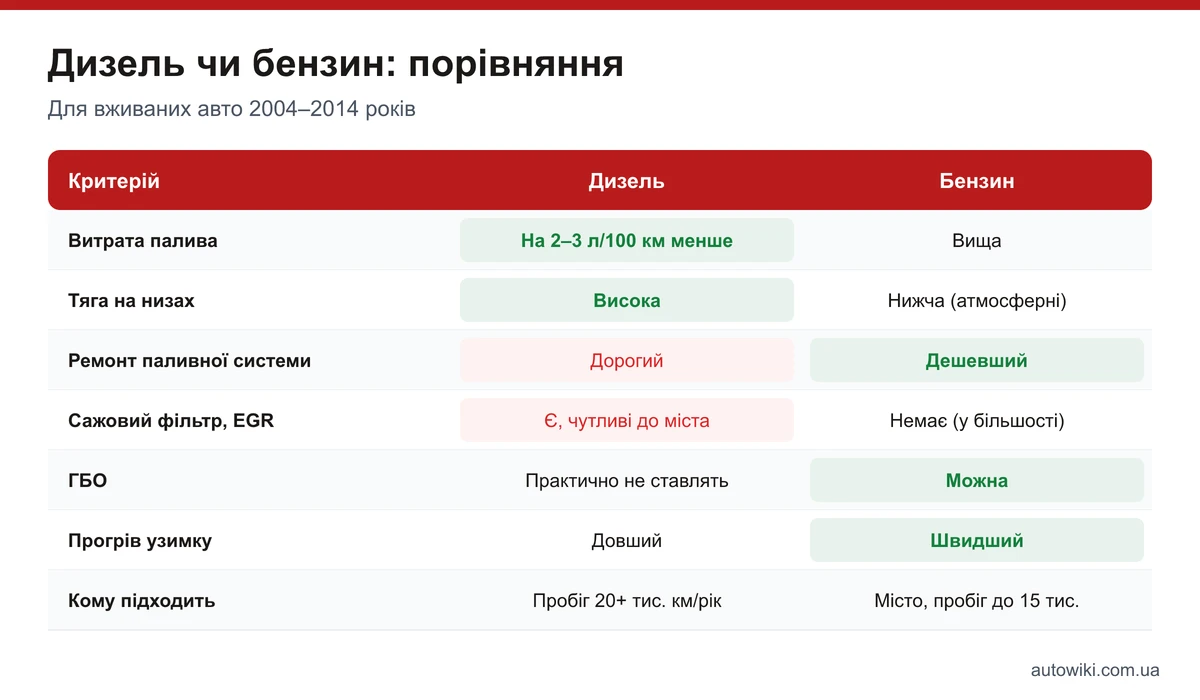 Таблиця порівняння дизеля й бензину: витрата, тяга, ремонт паливної системи, сажовий фільтр, ГБО, прогрів, кому підходить