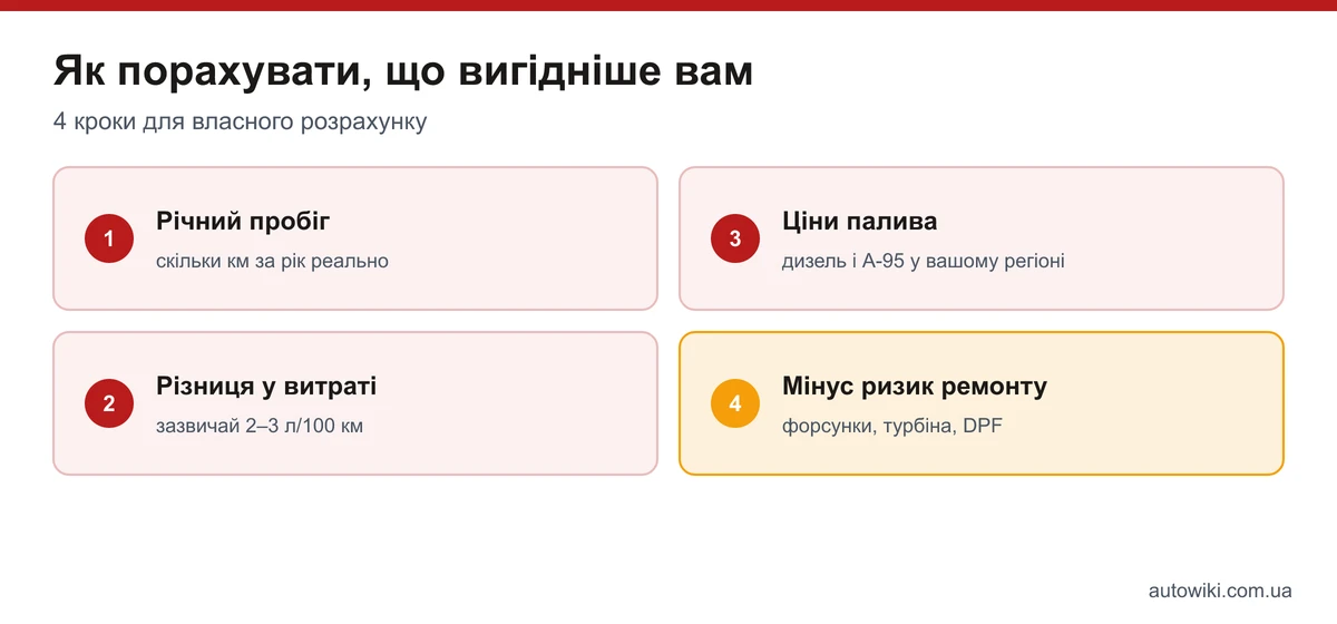 Чотири кроки розрахунку вигоди дизеля чи бензину: річний пробіг, різниця у витраті, ціни палива, ризик ремонту